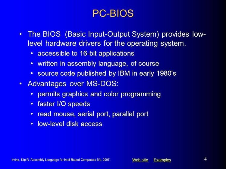 Hardware dependent routines that form the Basic Input/Output System (BIOS) for MS-DOS on the IBM Personal Computer. ASM source code.