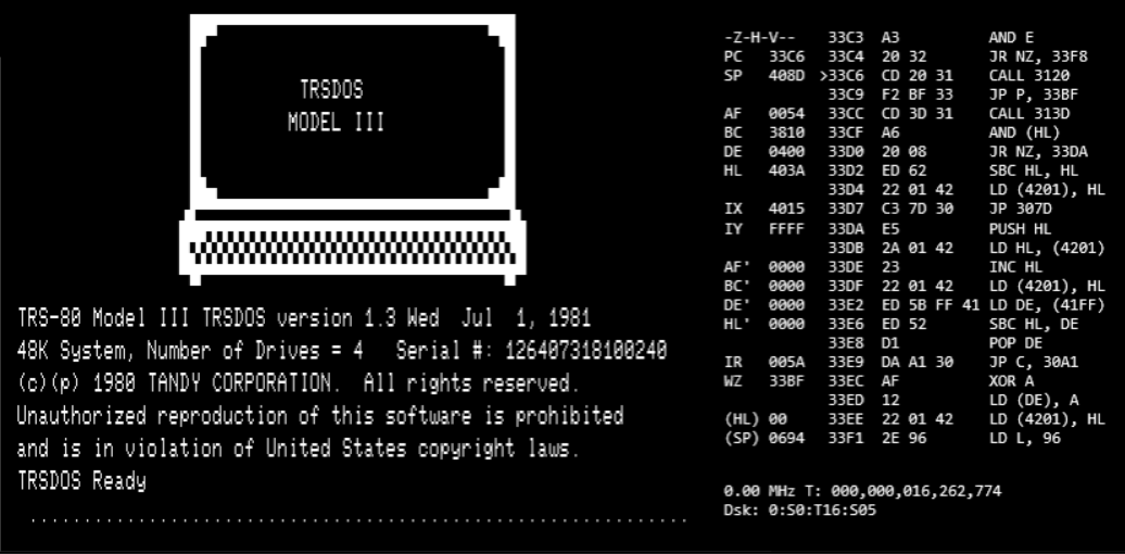 Run TRS-80 programs on your PC. Emulator for TRS-80 model III.