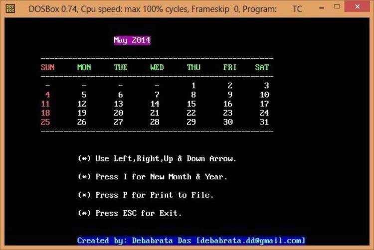 Calendar display routine on VGA (Turbo C++ source code).