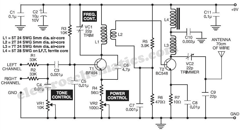 Simple plans and part list to build a low power FM transmitter.