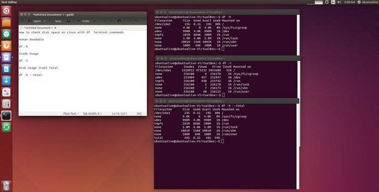 Linux df command shows disk free space and usage.