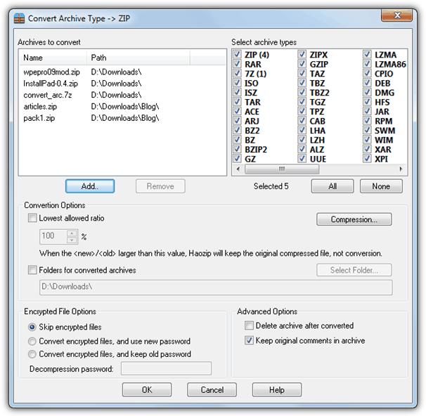 Convert ALL archive formats to .ZIP's. Two batch files for Dos 2.0+.